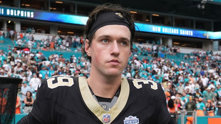 New Orleans Saints place kicker Charlie Smyth (39) stands on the field at the end of an NFL football game against the Miami Dolphins Sunday, Nov. 30, 2025, in Miami Gardens, Fla. (AP Photo/Lynne Sladky)