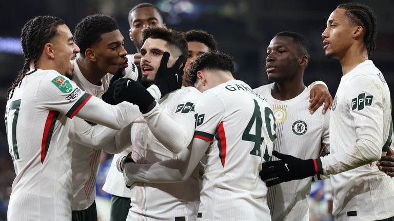 Pedro Neto celebrates with team-mates after restoring Chelsea's lead vs Cardiff