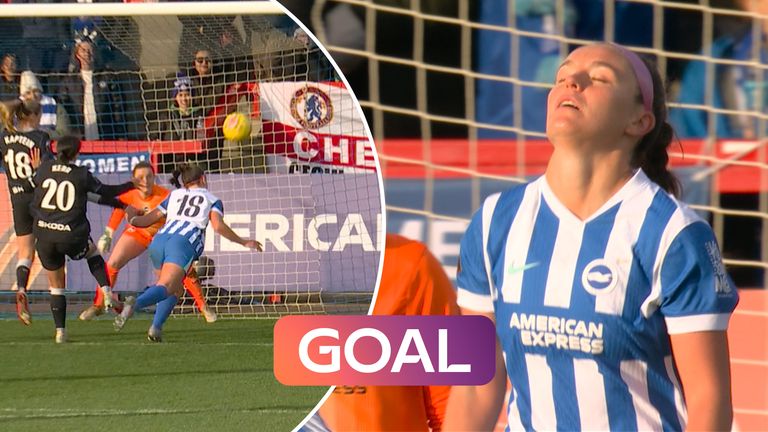 Brighton's Caitlin Hayes walks away frustrated after an own goal sees Chelsea double their lead.