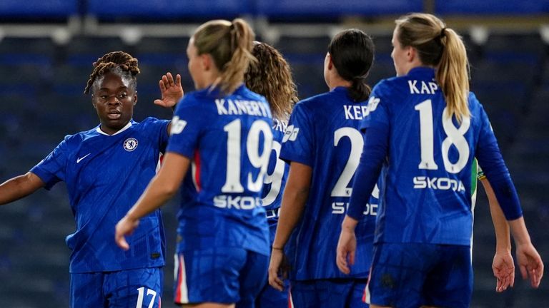 Chelsea players celebrates their side's first goal of the game during the UEFA Women's Champions League match at Stamford Bridge, London. Pi