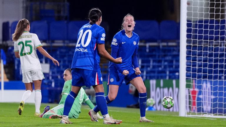 Chelsea's Wieke Kaptein celebrates scoring their side's second goal of the game during the UEFA Women's Champions League match at Stamford B