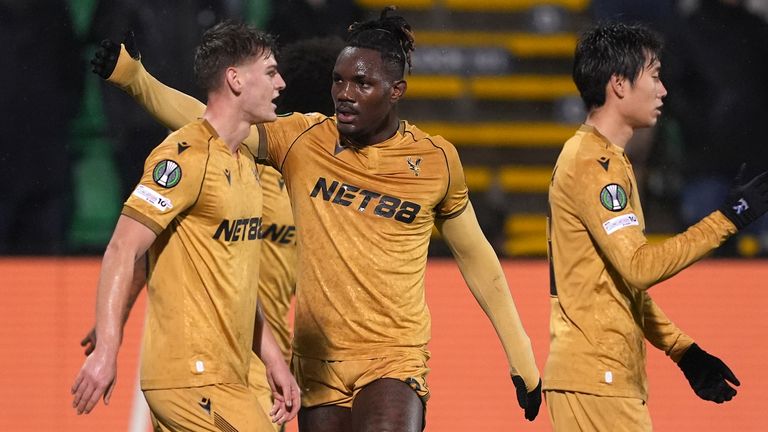 Christantus Uche celebrates scoring for Crystal Palace against Shelbourne