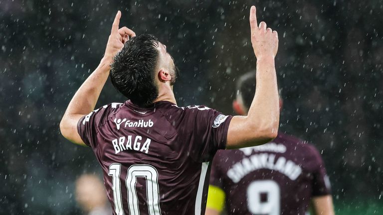 Claudio Braga celebrates after putting Hearts 1-0 up at Celtic