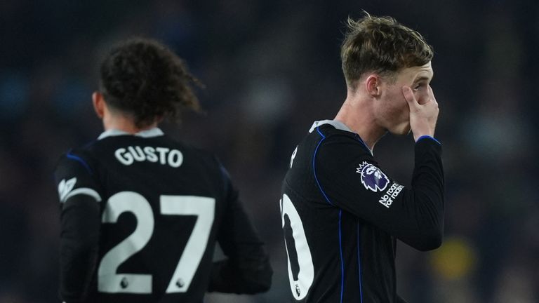 Chelsea's Cole Palmer reacts during the 3-1 loss to Leeds