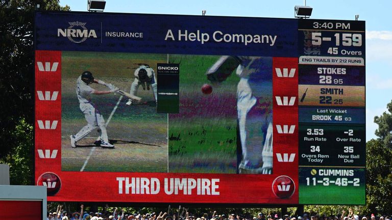 A replay of Jamie Smith being called out by the third umpire is shown on a large screen at Adelaide Oval.