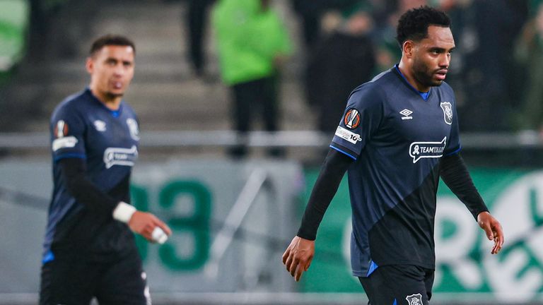 BUDAPEST, HUNGARY - DECEMBER 11: Rangers' Danilo looks dejected as Ferencvaros' Benco Otvos scores to make it 1-1 during a UEFA Europa League 2025/26 League Phase MD6 match between Ferencvaros and Rangers at the Groupama Arena, on December 11, 2025, in Budapest, Hungary. (Photo by Craig Foy / SNS Group)