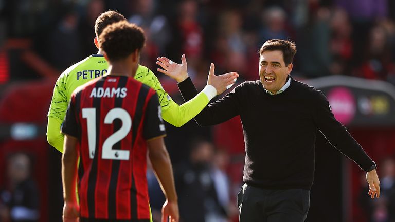 Bournemouth boss Andoni Iraola celebrates with goalkeeper Djordje Petrovic after a win in September