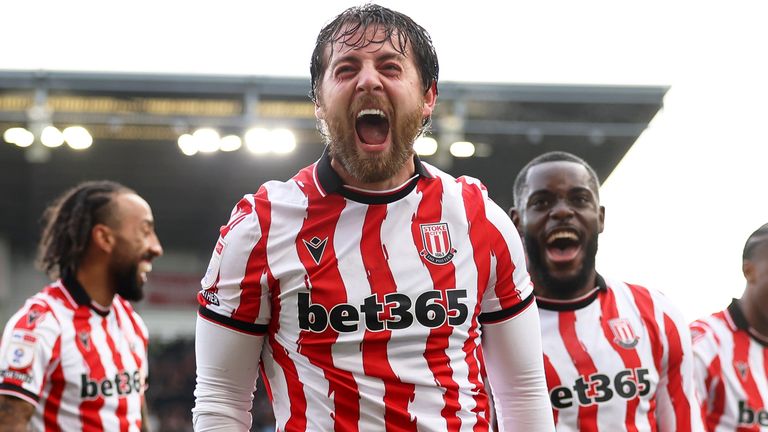 Ben Pearson celebrates after giving Stoke the lead against Swansea