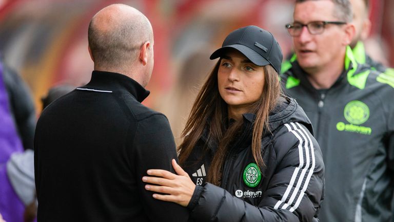 AIRDRIE, SCOTLAND - AUGUST 30: Celtic manager Elena Sadiku and Hibernian manager Grant Scott during a Scottish Power Women...s Premier League match between Celtic and Hibernian at the Albert Bartlett Stadium, on August 30, 2024, in Airdrie, Scotland.  (Photo by Ewan Bootman / SNS Group)