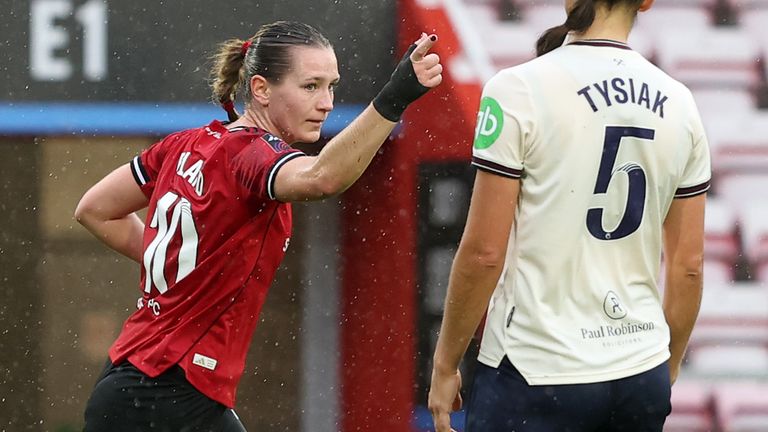 Elisabeth Terland of Manchester United celebrates scoring