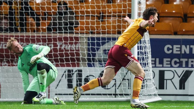 Elliott Watt scores Motherwell's second goal against Celtic