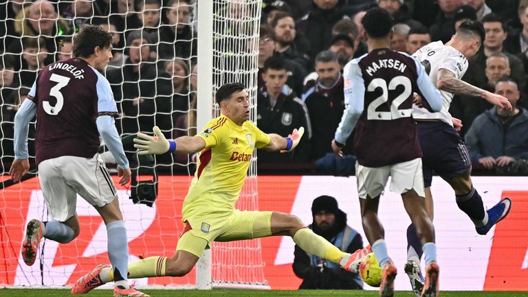 Emiliano Martinez saves a shot from Benjamin Sesko