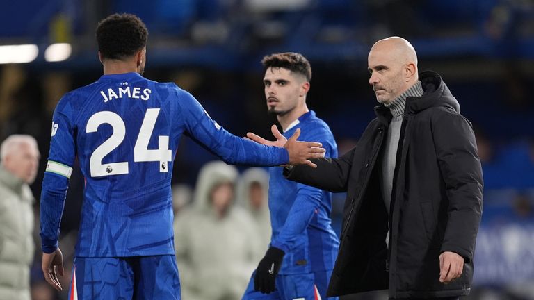 Chelsea manager Enzo Maresca and Reece James shake hands after the final whistle