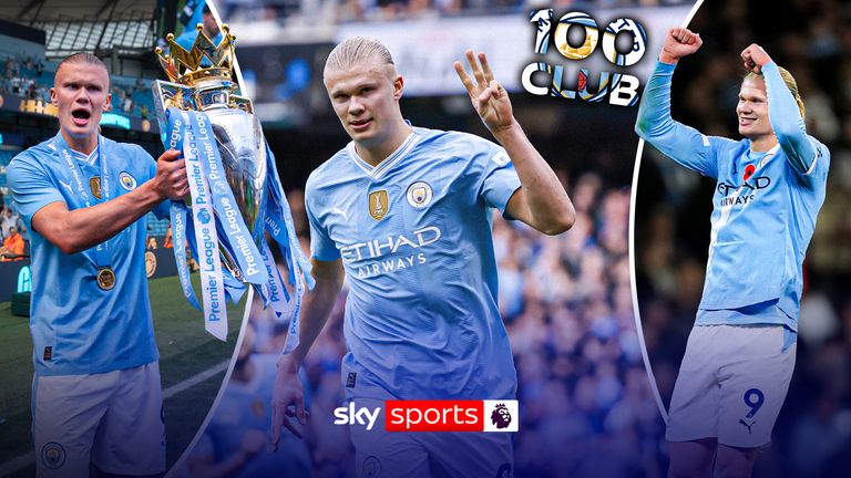 Erling Haaland scores his 100th Premier League goal for Manchester City.