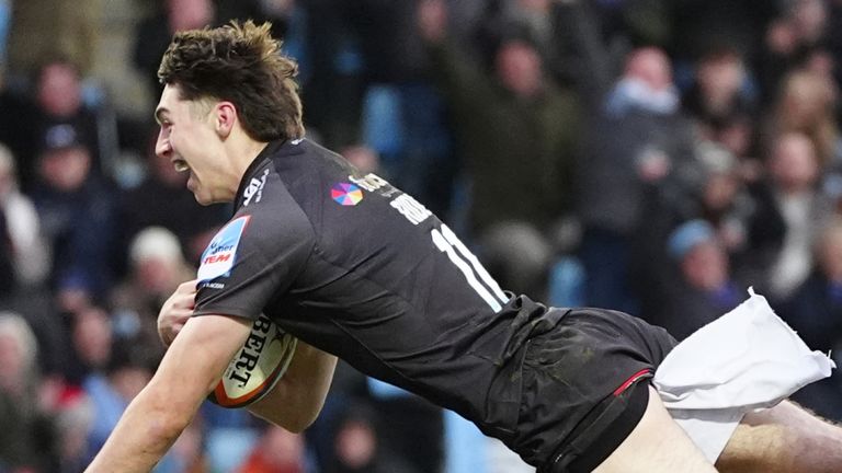 Exeter Chiefs' Campbell Ridl scores a try against Leicester