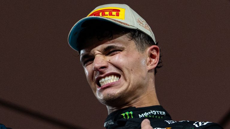 Lando Norris celebrates becoming 2025 F1 world champion at the Abu Dhabi GP