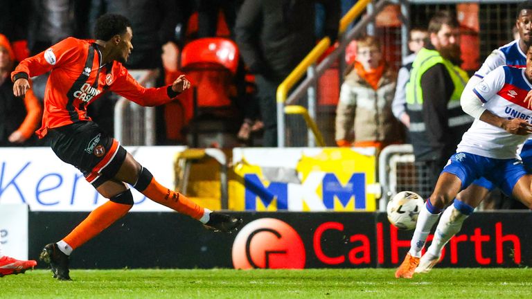 DUNDEE, SCOTLAND - DECEMBER 03: Dundee Utd...s Amar Fatah scores to make it 2-1 during a William Hill Permiership match between Dundee United and Rangers at The CalForth Construction Arena at Tannadice, on December 03, 2025, in Dundee, Scotland. (Photo by Alan Harvey / SNS Group)
