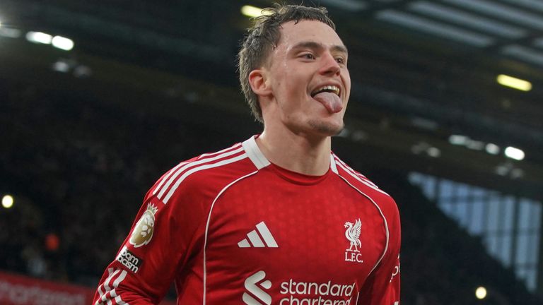 Liverpool's Florian Wirtz celebrates with teammates after scoring his side's second goal against Wolves