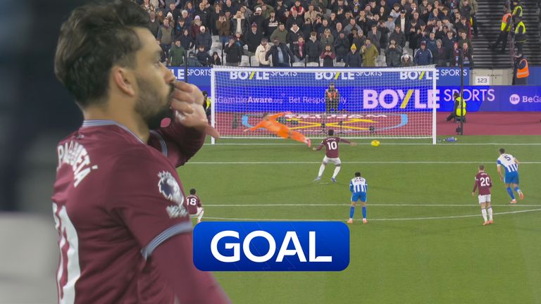 Lucas Paqueta scores penalty for West Ham against Brighton.
