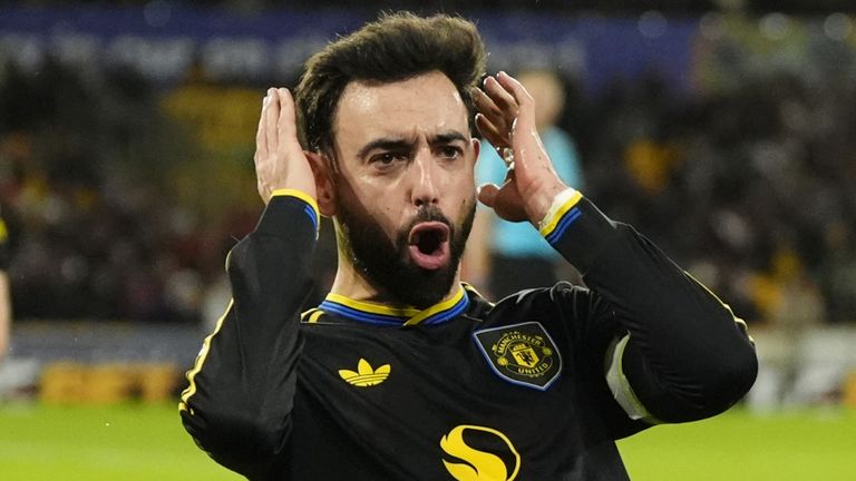 Manchester United's Bruno Fernandes celebrates after scoring a goal against Wolves