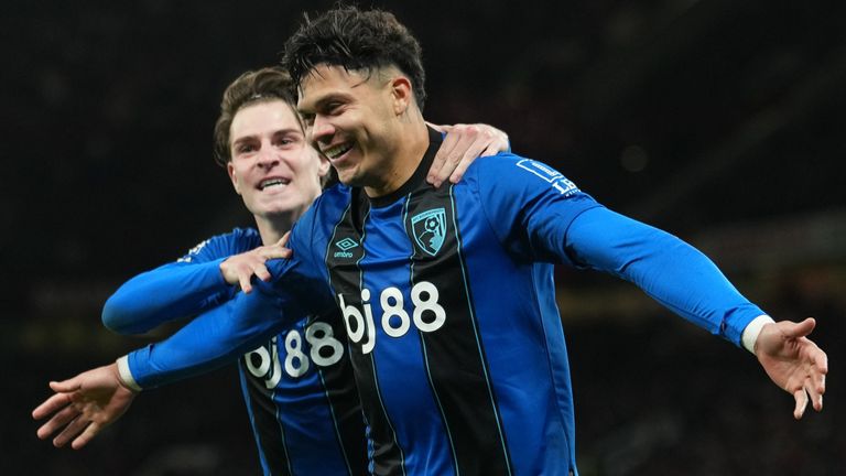 Bournemouth's Evanilson celebrates after scoring against Manchester United