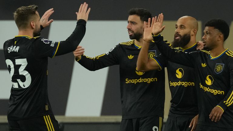 Bryan Mbeumo is congratulated after scoring Manchester United's second goal against Wolves