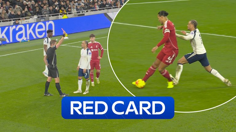 Xavi Simons is given a red card for a challenge on Virgil van Dijk 