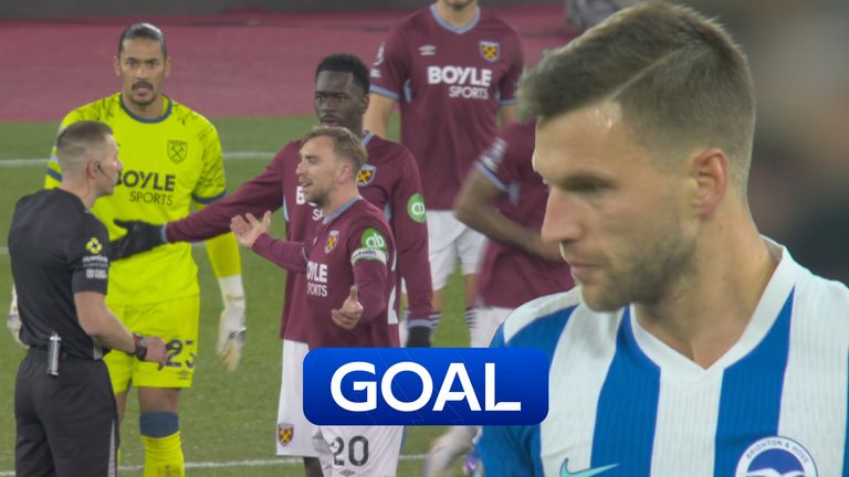 Joel Veltman scores for Brighton against West Ham.