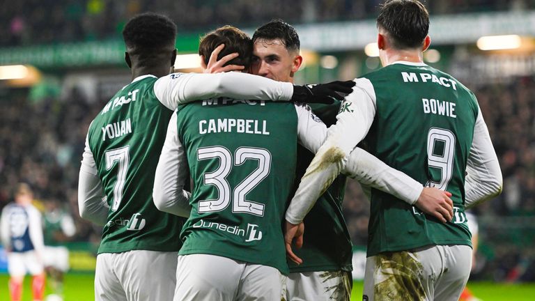 Hibernian's Kieron Bowiecelebrates after scoring to make it 3-0 during a Premiership match between Hibernian and Falkirk at Easter Road