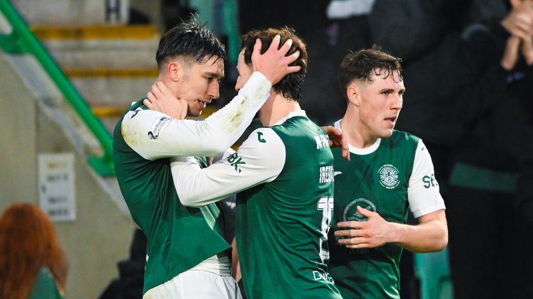 Hibernian's Kieron Bowie celebrates with Jack Iredale and Josh Mulligan after scoring to make it 2-0
