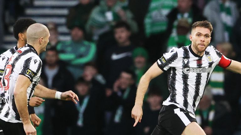 GLASGOW, SCOTLAND - DECEMBER 14: St Mirren...s Marcus Fraser celebrates after scoring to make it 1-0 during a Premier Sports Cup Final match between St Mirren and Celtic at Barclays Hampden, on December 14, 2025, in Glasgow, Scotland. (Photo by Alan Harvey / SNS Group)