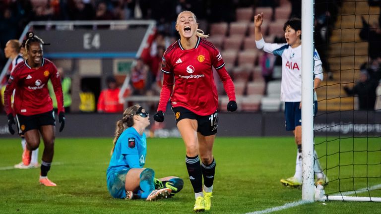 Fridolina Rolfo celebrates after scoring an injury-time equaliser for Manchester United against Spurs