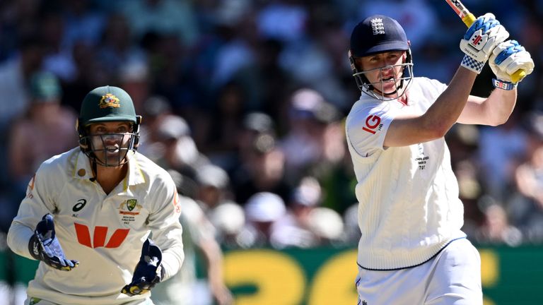 Harry Brook of England bats watched by Australia wicketkeeper Alex Carey during day two of the fourth Ashes Test