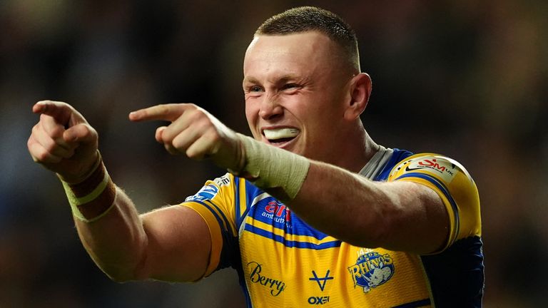 Harry Newman celebrates scoring Leeds Rhinos' fourth try of the game during a Betfred Super League match
