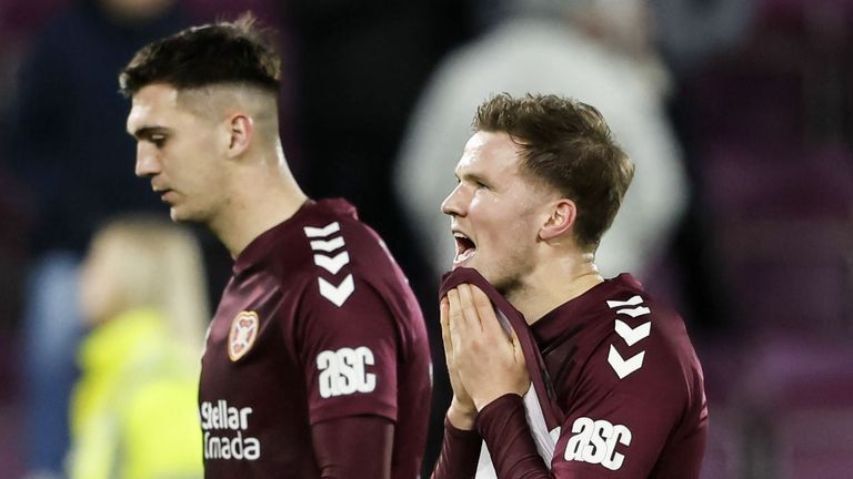 Hearts' Blair Spittal (R) and Oisin McEntee look dejected at full time after drawing with Kilmarnock