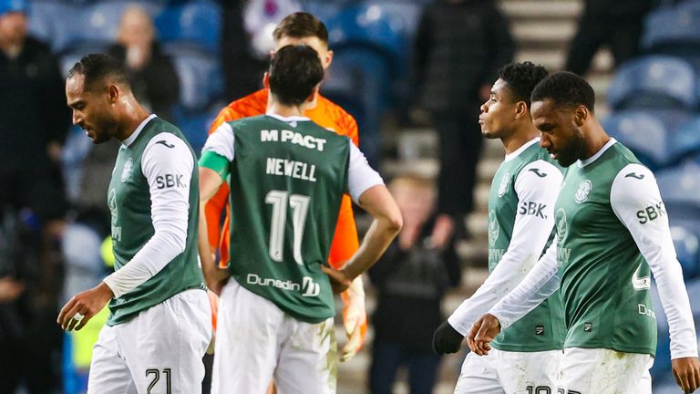 GLASGOW, SCOTLAND - DECEMBER 15: (L-R) Hibernian's Jordan Obia, Joe Newell, Thibault Klidje and Junior Hoilett look dejected at full time during a William Hill Premiership match between Rangers and Hibernian at Ibrox Stadium, on December 15, 2025, in Glasgow, Scotland. (Photo by Alan Harvey / SNS Group)