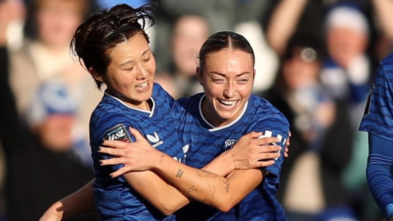 Honoka Hayashi is congratulated after equalising for Everton against Arsenal