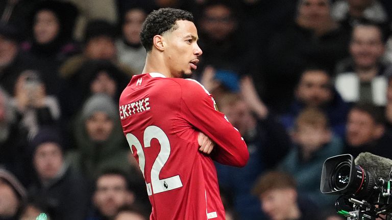 Hugo Ekitike celebrates scoring Liverpool's second goal of the game