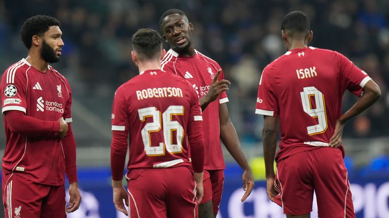 Liverpool's Ibrahima Konate speaks to team mates during a Champions League, league phase, soccer match between Inter Milan and Liverpool in Milan, Italy, Tuesday, Dec.9, 2025. (AP Photo/Luca Bruno)