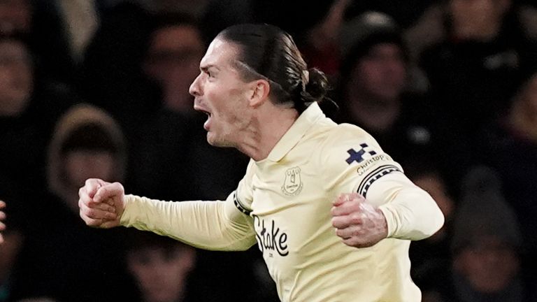 Everton's Jack Grealish celebrates after scoring the opening goal in a Premier League match at Bournemouth's Vitality Stadium. 