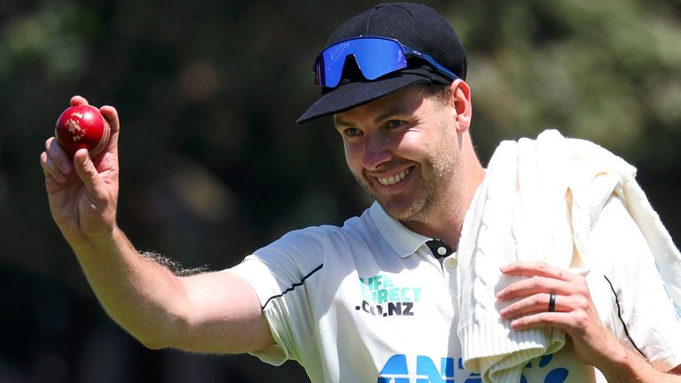 Jacob Duffy celebrates taking a five-wicket haul for New Zealand in the second Test against the West Indies