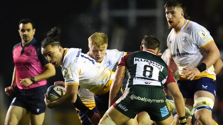 Leinster Rugby's James Lowe is tackled during the Investec Champions Cup match at Leicester