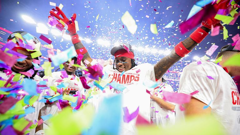 Jaylen McClain of the Ohio State Buckeyes celebrates after beating the Texas Longhorns 28-14 to win the Goodyear Cotton Bowl