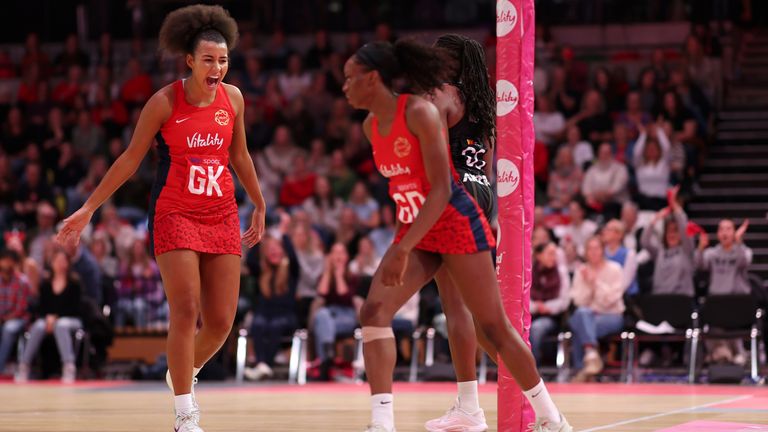 Jaz Brown of Vitality Roses during her England debut against New Zealand with Funmi Fadoju