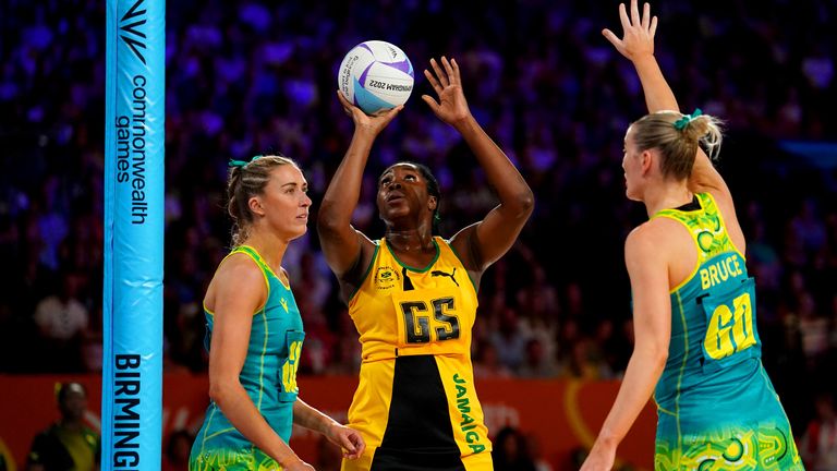 Jamaica's Jhaniele Fowler in action during the Netball Gold Medal match against Australia at the 2022 Commonwealth Games