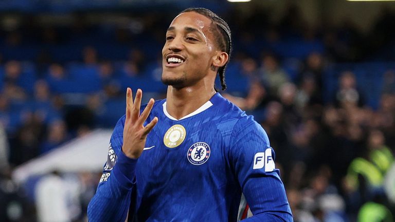 Joao Pedro celebrates after scoring Chelsea's opening goal against Aston Villa