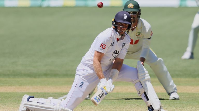 England's Joe Root bats during play on day four of the third Ashes cricket test between England and Australia in Adelaide, Australia, Saturday, Dec. 20, 2025. (AP Photo/James Elsby)
