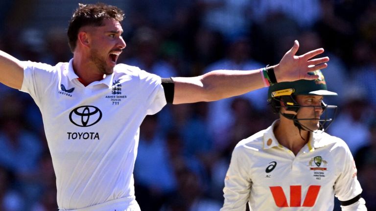 England bowler Josh Tongue (L) appeals for a decision again Australian batsman Alex Carey (R) on the first day of the third Ashes cricket Test match between Australia and England at the Adelaide Oval in Adelaide on December 17, 2025. (Photo by William WEST / AFP) / --IMAGE RESTRICTED TO EDITORIAL USE - STRICTLY NO COMMERCIAL USE--