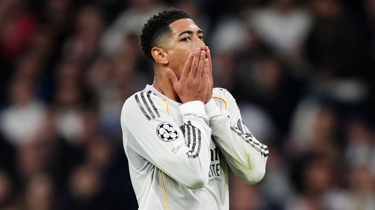 Real Madrid's Jude Bellingham reacts during the UEFA Champions League match at the Bernabeu in Madrid, Spain. Picture date: Wednesday Decemb