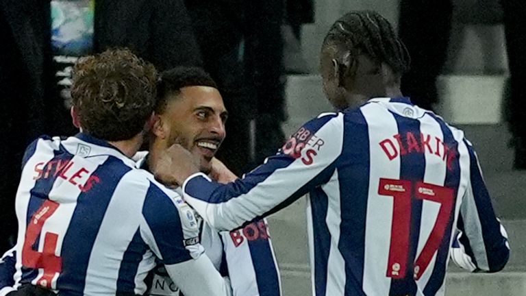West Bromwich Albion's Karlan Grant celebrates scoring the second goal against Sheffield United
